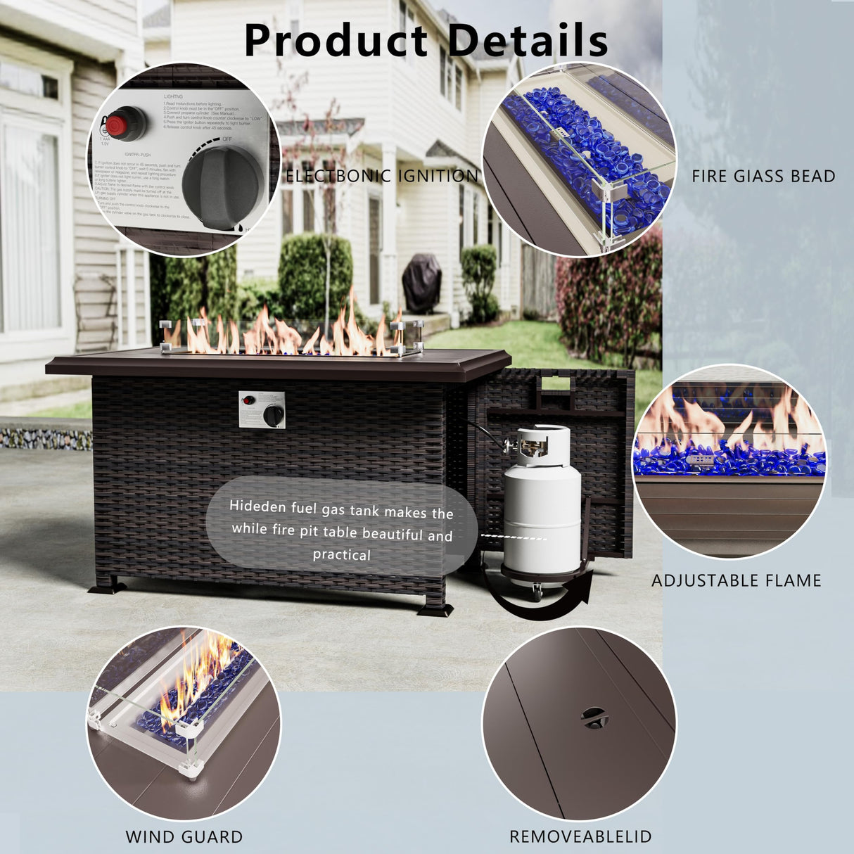 ASJMR 11 Pieces Patio Furniture Set with 2 Swivel Chairs Patio Furniture Outdoor Sectional Sofas with 55000 Gas Fire Pit Patio Conversation Set w/7 Cushions- ASJMR