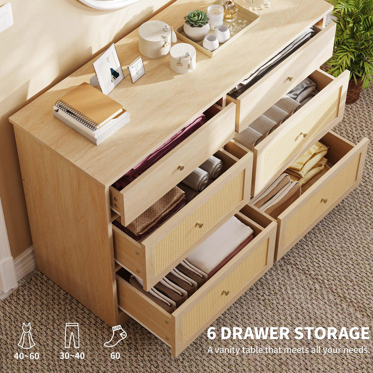YITAHOME Rattan Dressers & Chests of Drawers, 6 Drawer Modern Closet Dresser, Wood Color YITAHOME
