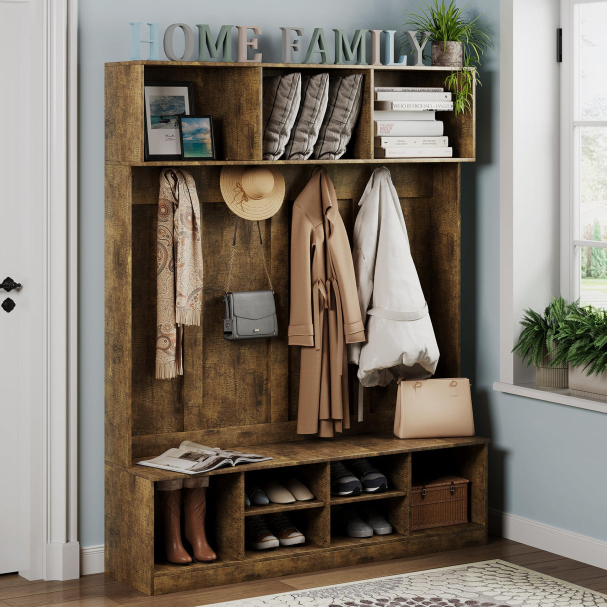 Apeaka Hall Tree with Bench and Storage, Farmhouse 75" H Tall Hall Tree Wood Entryway Shoe Bench with Coat Rack and Storage Shelves for Mudroom, Rustic Brown Apeaka
