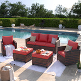 VONZOY Patio Furniture Set, 5 Pieces Outdoor Sectional Couch with Chairs, Ottomans and Thick Cushions, All Weather Wicker Rattan Patio Conversation Set, Wine Red VONZOY