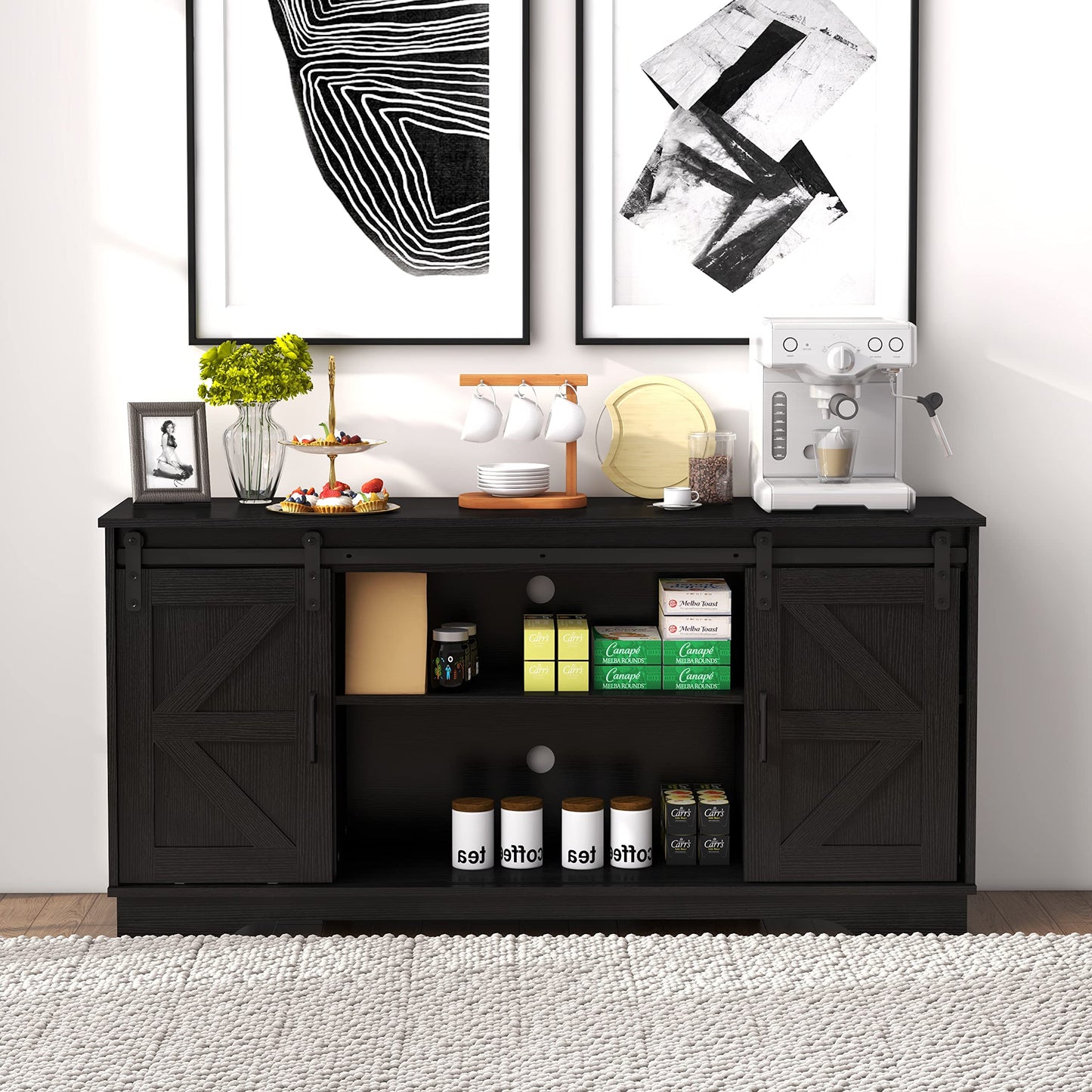 Panana Bar Cabinet with Barn 2 Sliding Doors Buffet Farmhouse Storage Cabinet TV Stand (Black) - WoodArtSupply