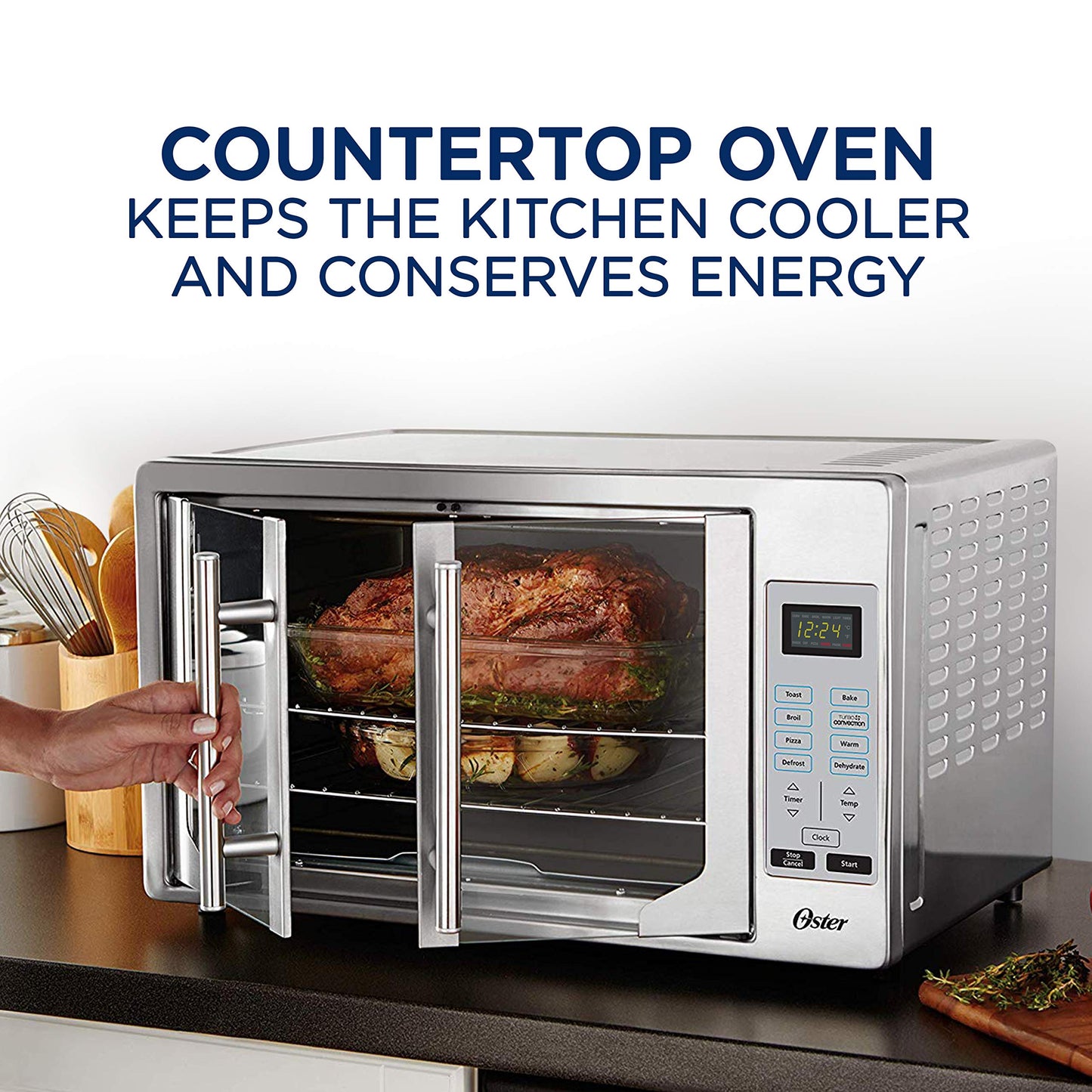 Oster Convection Oven, 8-in-1 Countertop Toaster Oven, XL Fits 2 16" Pizzas, Stainless Steel French Door