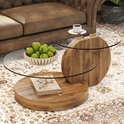 35.4" Glass Coffee Table, Small Round Coffee Table, 2-Tier Tempered Glass Tabletop with Wooden Base, Modern Center Table for Living Room, Home, Apartment, Ideal for Small Space
