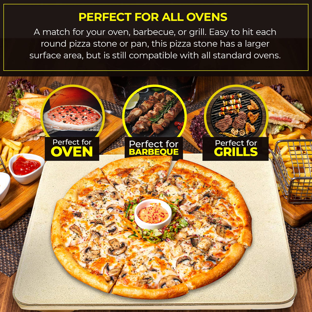 Pizza Stone - Baking Stone. SOLIDO Rectangular 14"x16" - Perfect for Oven, BBQ and Grill Solido