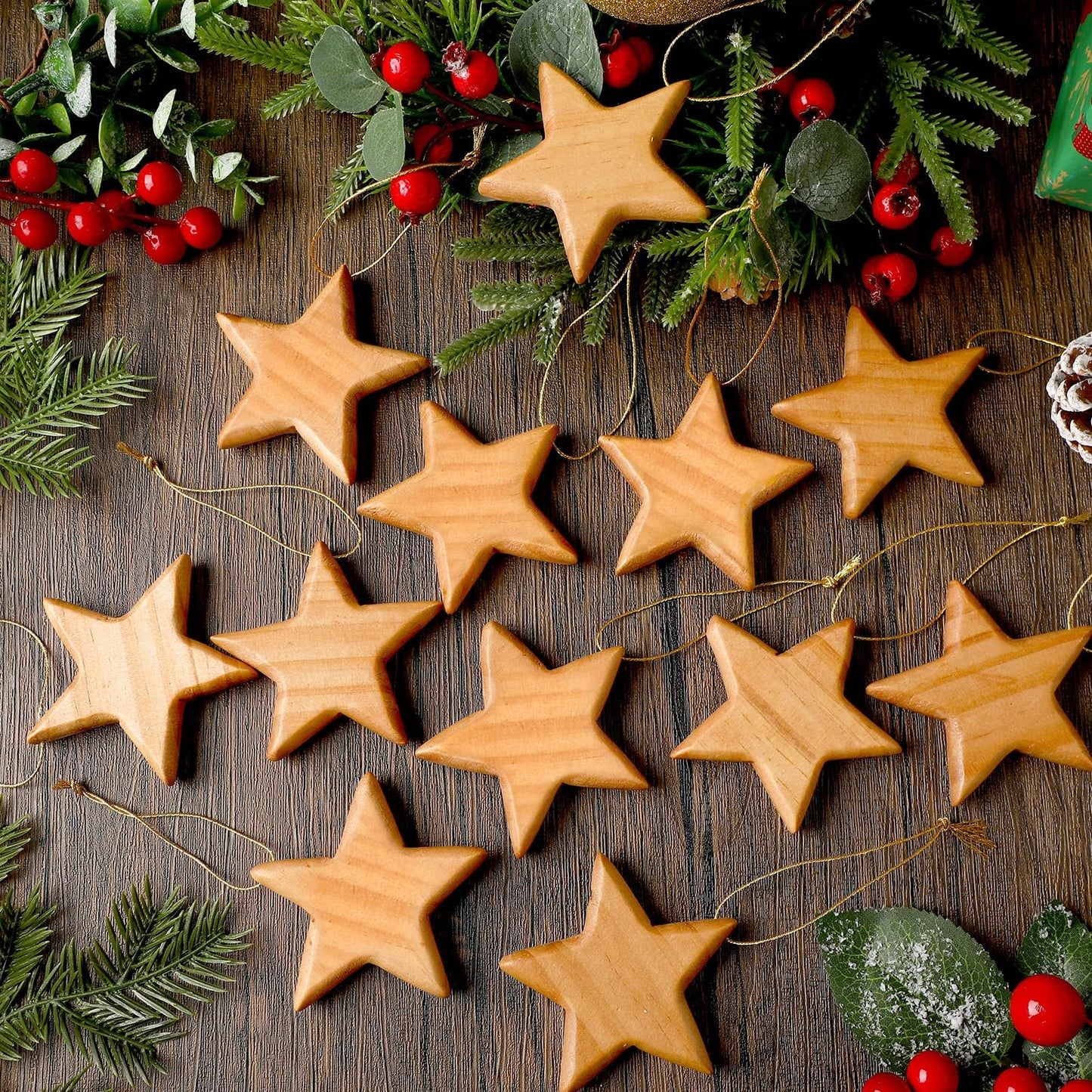 Henoyso 12 Pcs Handcrafted Wood Star Ornaments Star Hanging Christmas Tree Ornaments 2.8" Wood Star Christmas Hanging Decorations for Christmas Tree Winter New Year Party Supplies