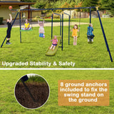 HONEY JOY Swing Set, 660lbs 7-in-1 Heavy Duty Swingset Outdoor for Kids w/A-Frame Metal Swing Stand, 2 Swings, Glider, Gym Rings, Slide, Monkey Bar, Basketball Hoop, Swing Sets for Backyard HONEY JOY