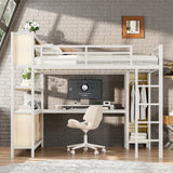 Bellemave Queen Loft Bed with Desk & Wardrobe, Heavy Duty Metal Loft Beds with Storage Shelves, Space Saving Loft Bed Queen Size with Safety Guard, White Wood Grain Bellemave