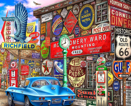 Springbok's Route 66 Nostalgic 2000 Piece Adult Jigsaw Puzzle Featuring Retro Signage and Classic Cars Springbok