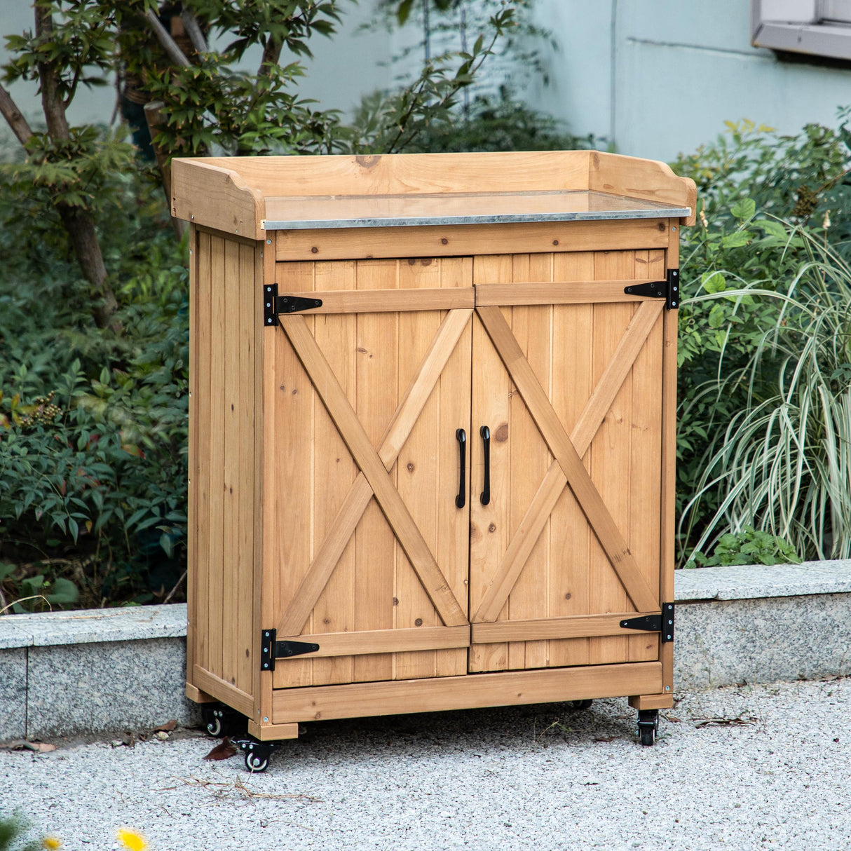 TAKUKA Outdoor Wooden Potting Bench with Wheel Double Doors & Metal Tabletop, Outside Storage Cabinet & Horticultural Planting Work Table for Garden Balcony Backyard TAKUKA