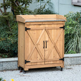 TAKUKA Outdoor Wooden Potting Bench with Wheel Double Doors & Metal Tabletop, Outside Storage Cabinet & Horticultural Planting Work Table for Garden Balcony Backyard TAKUKA