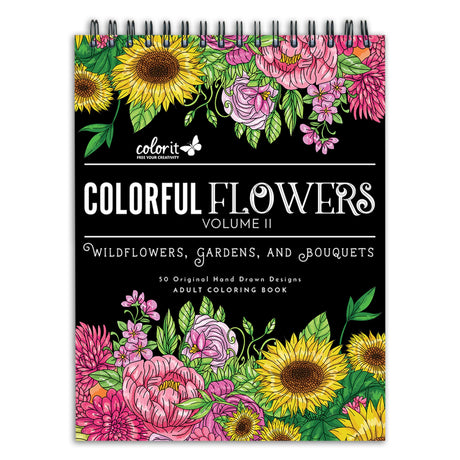 ColorIt Colorful Flowers Volume 2 Wildflowers, Gardens, and Bouquets Adult Coloring Book, 50 Original Designs, Thick Paper, Spiral Binding, USA Printed, Lay Flat Hardback Book Covers, Blotter Paper ColorIt