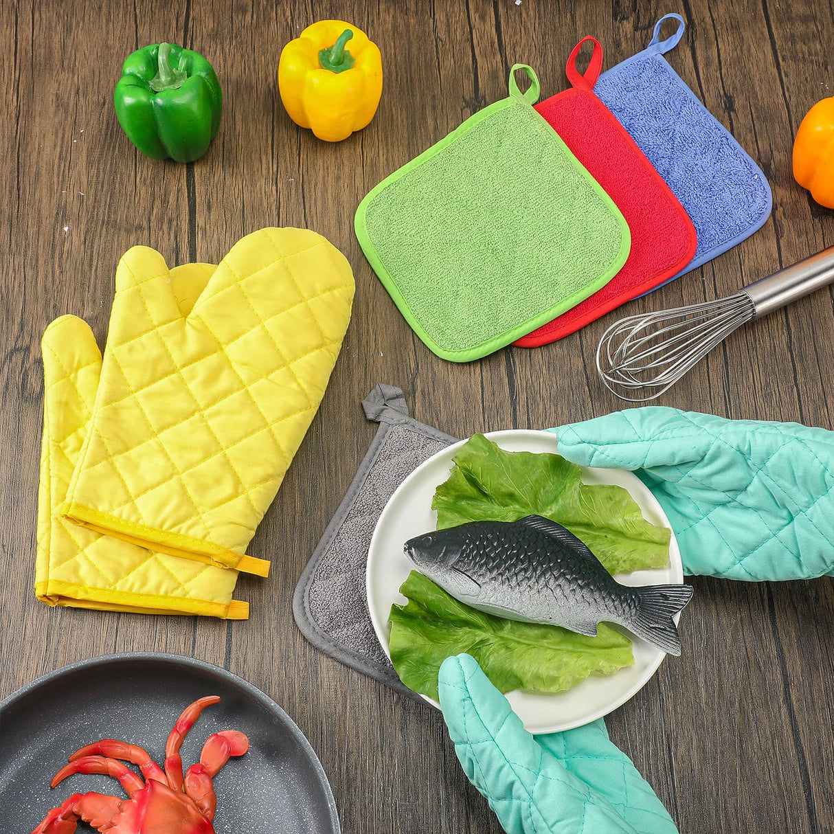 Zubebe 12 Pcs Oven Mitts and Pot Holders Multicolor Sets 6 Pair Blank Sublimation Heat Resistant Cotton Oven Gloves Kitchen Gloves 6 Terry Cloth Pot Holders Oven Hot Pads for Cooking Baking Grilling Zubebe