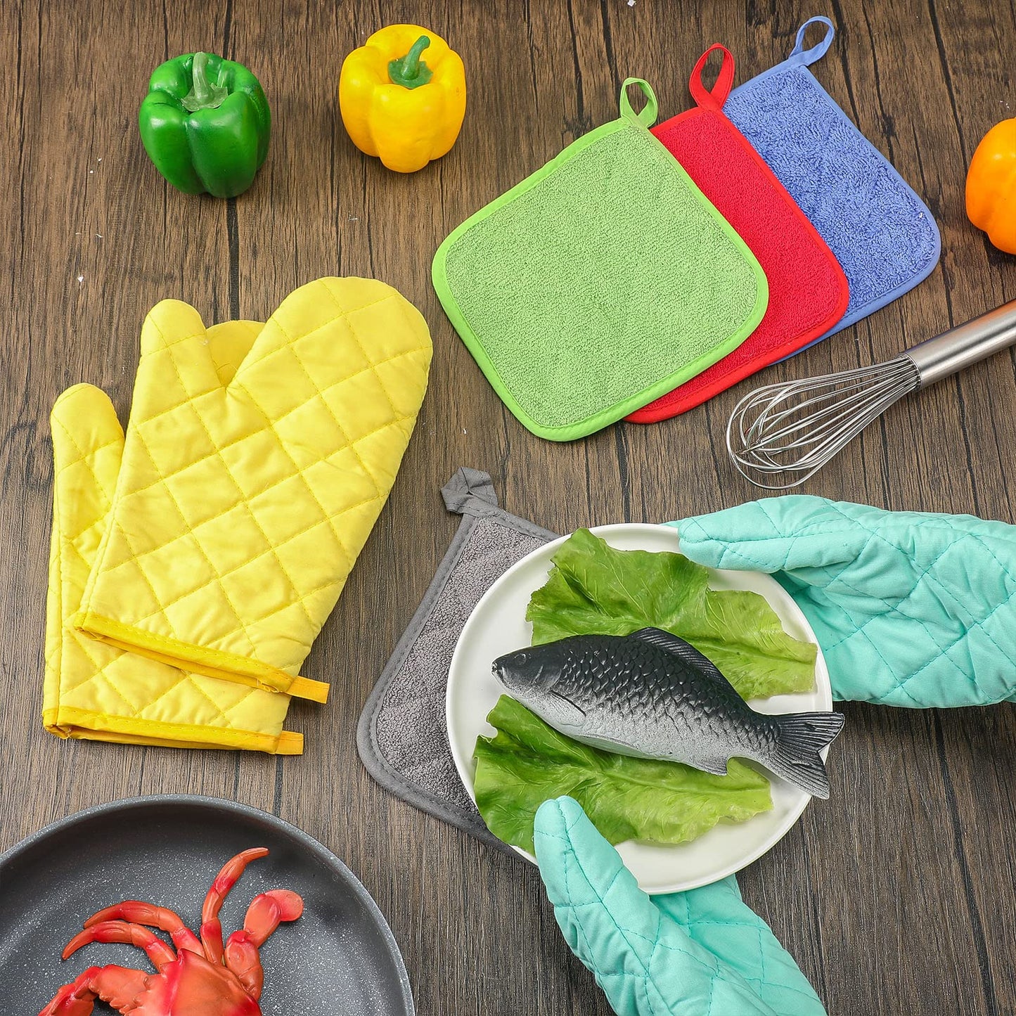 Zubebe 12 Pcs Oven Mitts and Pot Holders Multicolor Sets 6 Pair Blank Sublimation Heat Resistant Cotton Oven Gloves Kitchen Gloves 6 Terry Cloth Pot Holders Oven Hot Pads for Cooking Baking Grilling