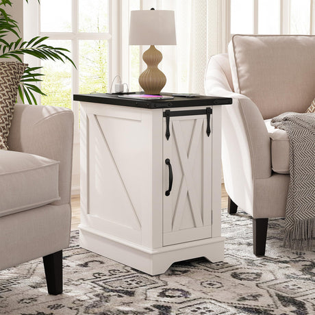 EnHomee End Tables with Charging Station,25" Farmhouse Wood Nightstand with Barn Door,Large Sofa Side Table with Adjustable Storage Shelf for Bedroom,Drawing Room,Hallway,Antique White EnHomee