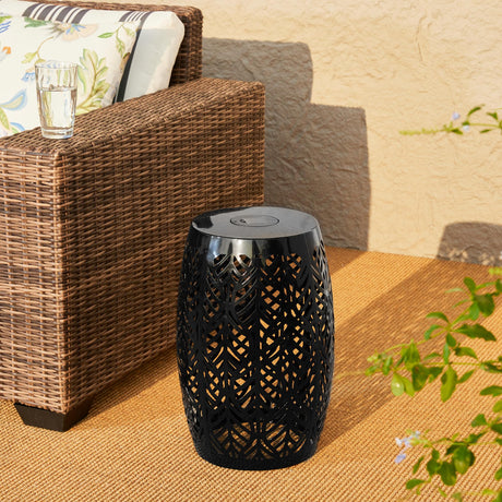 Glitzhome Decorative Garden Stool with Solar Powered Light,18.25" H Metal Outdoor Iron Side Table Coffee End Table Nightstand Decorative Planter Stand for Living Room Front Porch Garden,Black Glitzhome
