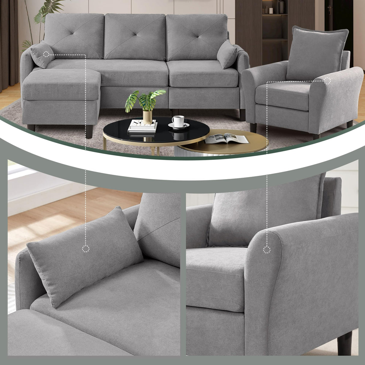 Portaforta Sectional Sofa Set, 77" Convertible Sofa and Accent Chair, Small 3 Seat L Shaped Couch with Storage Ottoman and Side Pockets, Modern Couch for Living Room, Office, Apartment, Light Grey Portaforta