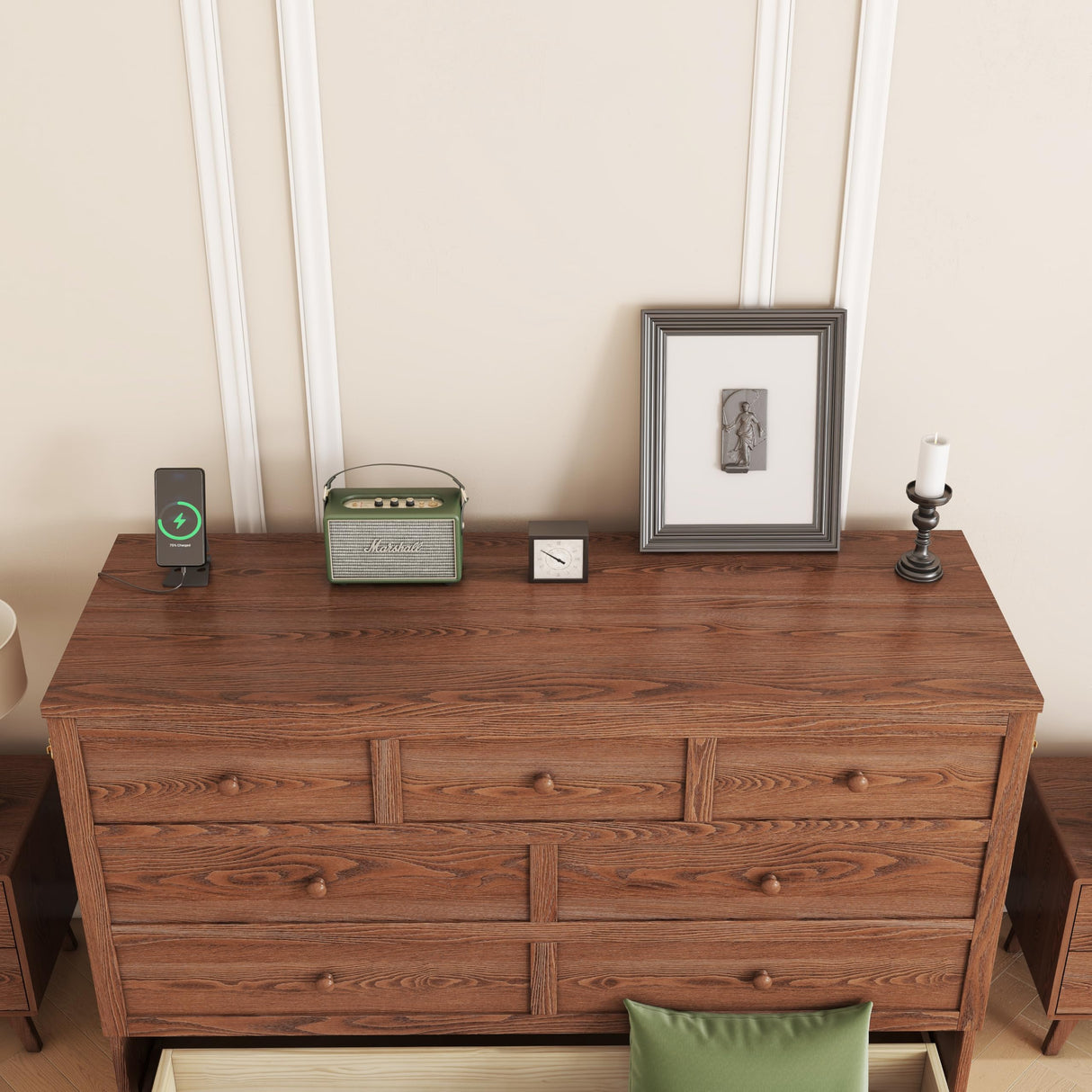 KEIKI Queen Murphy Bed Cabinet with Storage Drawer and Charging Station, USB Port, Solid Pine Murphy Bedframe for Home Office, Studio or Guest Room,Walnut KEIKI