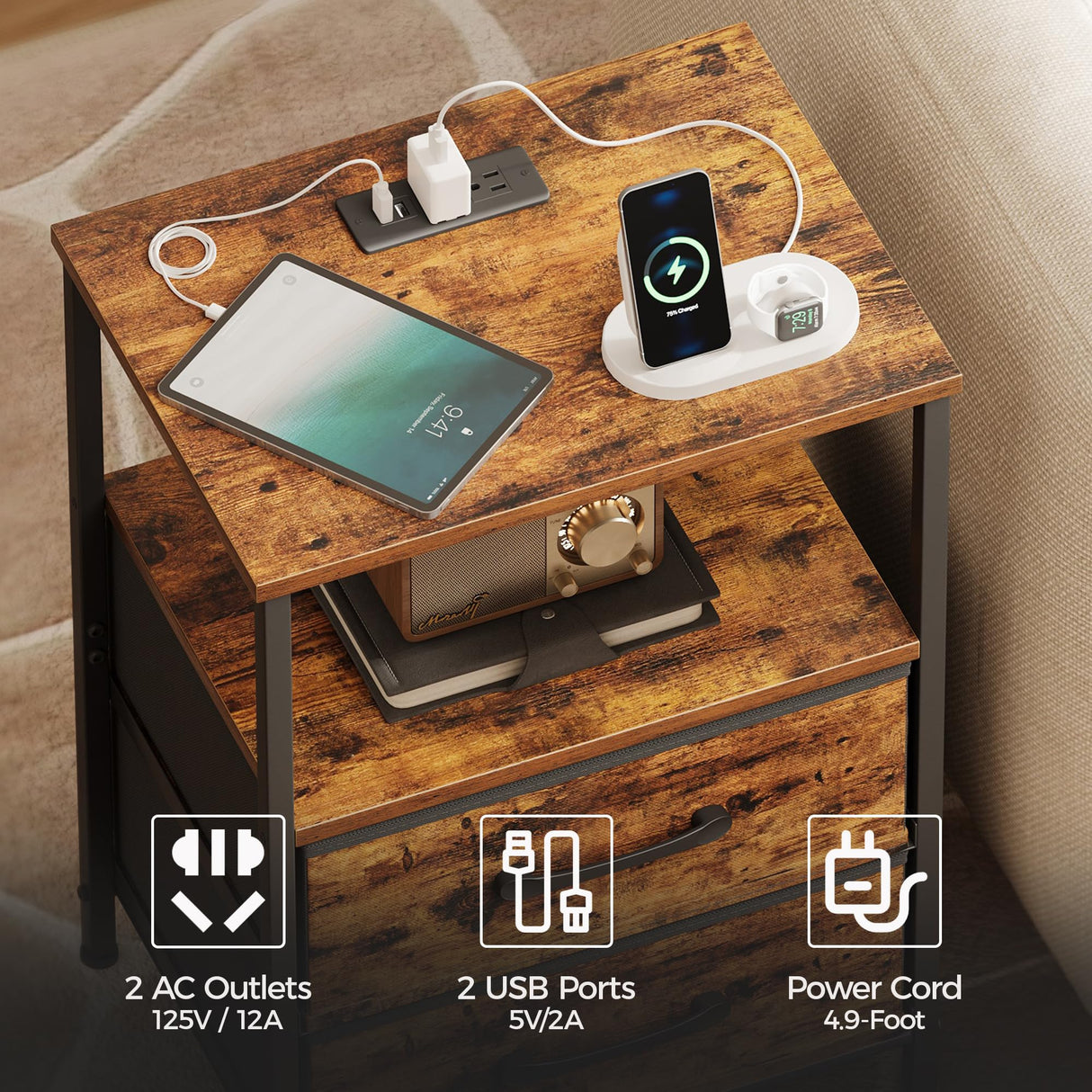 TRIFEBLE Nightstands Set of 2, Night Stand with Charging Station and Led Lights, Bedside Table with 2 Fabric Drawers for Bedroom, Small Side End Table with Open Shelf, Rustic Brown TRIFEBLE