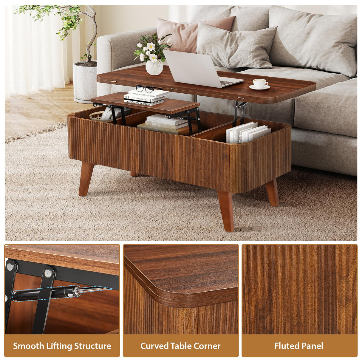 3 in 1 Lift Top Coffee Table, Fluted Convertible Coffee Tables Converts to Dining Tables, Modern Oval Wooden Center Table with Storage for Living Room Office Small Space, Partial Assembly (Walnut) ORRD