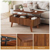 3 in 1 Lift Top Coffee Table, Fluted Convertible Coffee Tables Converts to Dining Tables, Modern Oval Wooden Center Table with Storage for Living Room Office Small Space, Partial Assembly (Walnut) ORRD