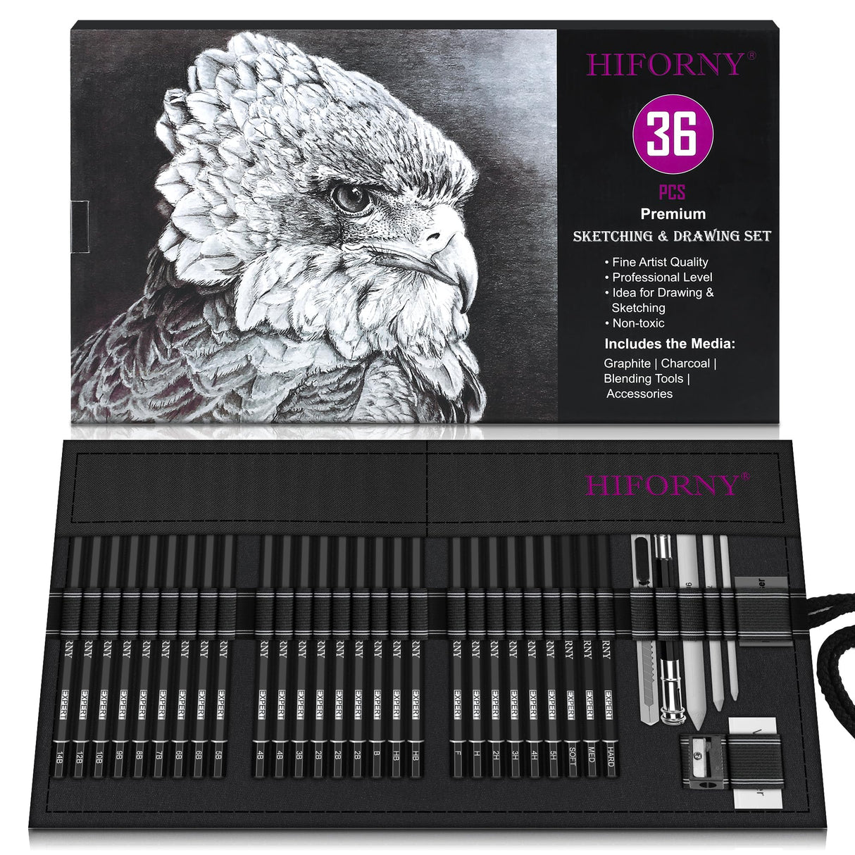 HIFORNY 36 PCS Sketching Drawing Pencil Set,Sketch Pencils Art Supplies with Graphite,Charcoal,Blending Tools,Accessories,Drawing Kit for Adults Artists in Canvas Roll Up Case HIFORNY