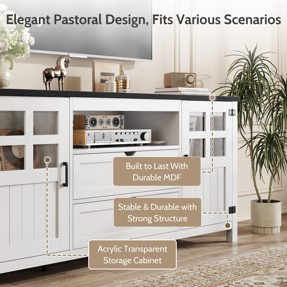 Vividwood Farmhouse TV Stand for 65 70 75 Inch TVs, Entertainment Center with Adjustable Shelves, 2 Barn Doors and Drawers, Storage Media Cabinet for Living Room or Bedroom-White Vividwood