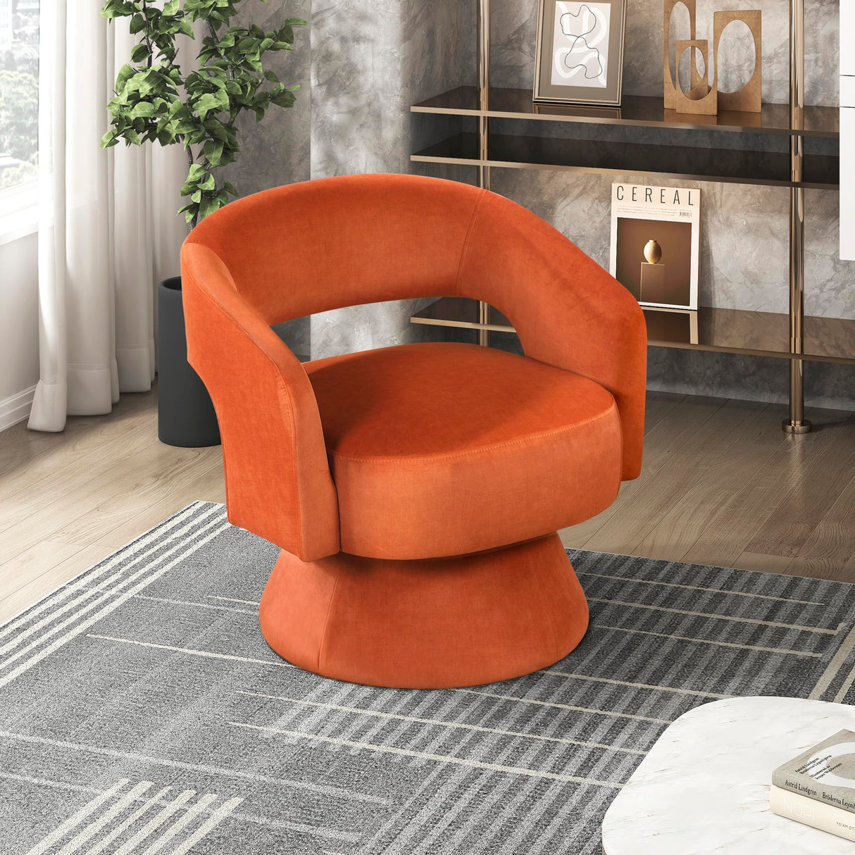 Lexicon 360 Degree Swivel Accent Chair, Modern Comfy Velvet Round Barrel Chair, Open Back, Plush Foam Cushions, Metal Swivel Base for Living Room/Bedroom/Office, Orange Lexicon