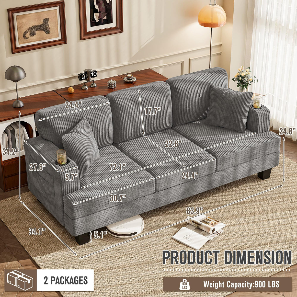 Homall Couch for Living Room, 83" Couches with Soft Deep Seats, Modern Sofa 3 Seater in Corduroy for Apartment, Bedroom (Gray) Homall