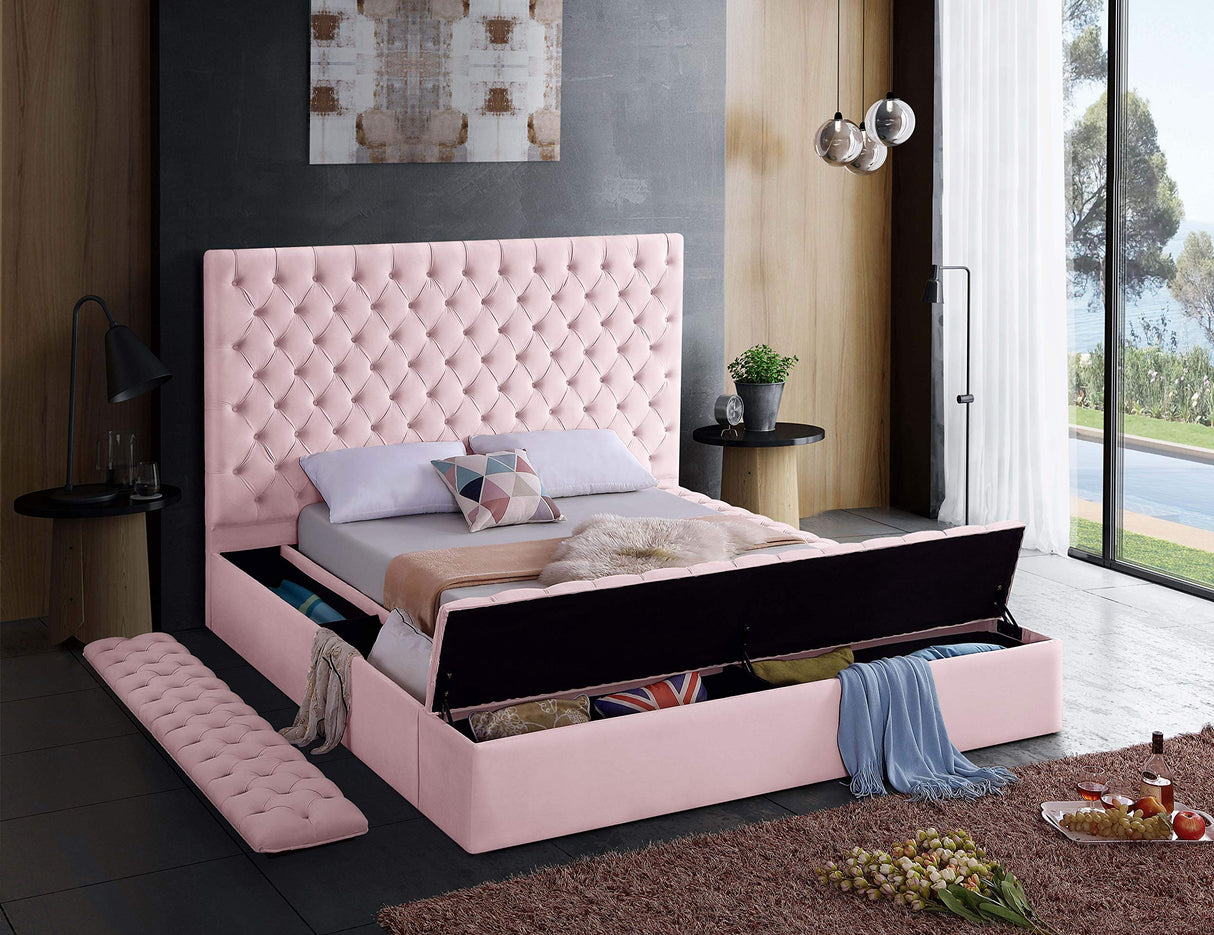 Meridian Furniture Bliss Collection Modern | Contemporary Velvet Upholstered Bed with Deep Button Tufting and Storage Compartments in Rails and Footboard, Pink, King Meridian Furniture
