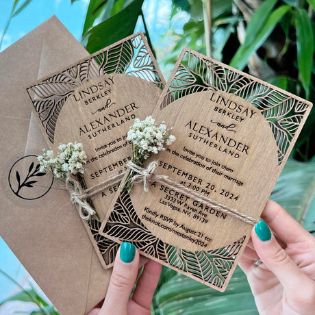 Pack of Personalized Wood Wedding Invitation - Laser Cut Wedding Invitations - White Flower Twined Wooden Invitations with Envelopes & Stickers - vitawed