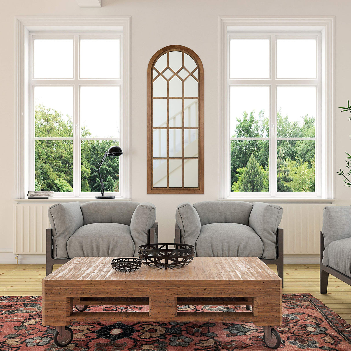 Kate and Laurel Gilcrest Traditional Arch Wood Framed Windowpane Wall Mirror, 18 x 47, Rustic Brown, Farmhouse Decorative Mirror Kate and Laurel