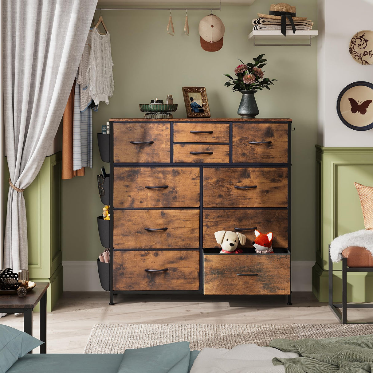 WLIVE Dresser for Bedroom with 10 Drawers, Fabric Dresser Chest of Drawers with Side Pockets and Hooks, Sturdy Metal Frame, Drawers Organizer Unit for Room, Hallway, Rustic Brown Wood Grain Print WLIVE
