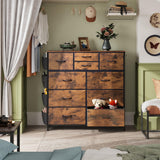 WLIVE Dresser for Bedroom with 10 Drawers, Fabric Dresser Chest of Drawers with Side Pockets and Hooks, Sturdy Metal Frame, Drawers Organizer Unit for Room, Hallway, Rustic Brown Wood Grain Print WLIVE