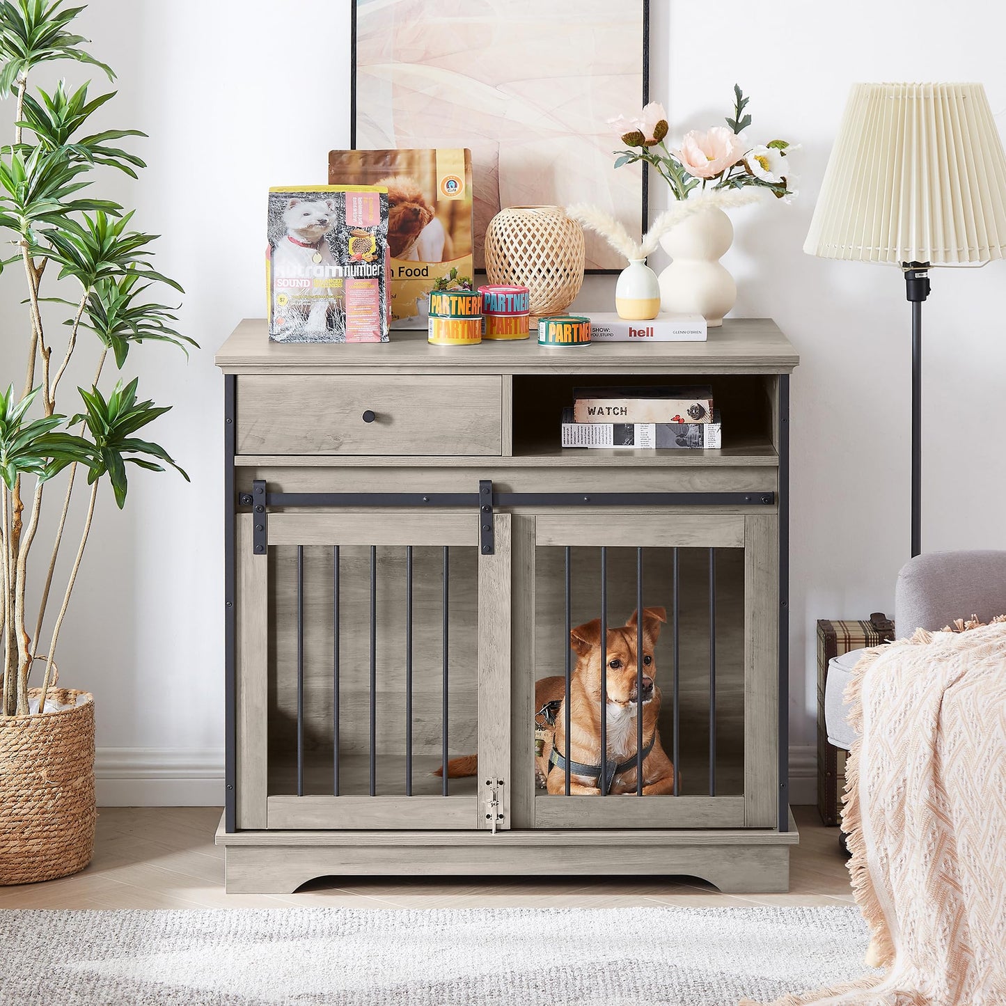 35.4 Inch Furniture Style Dog Crate with Sliding Barn Door and Storage Drawers, Wooden Dog Cage Furniture End Side Table, Chew-Resistant, Grey, 35.4" W x 23.6" D x 33.5" H