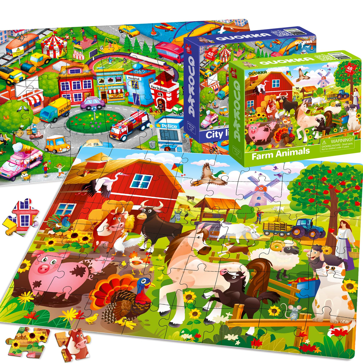 QUOKKA Puzzles for Toddlers 4-6 – 4 x 48 Pieces Jigsaw Puzzles for Kids Ages 3-5 – Learning Farm Animals for 2-4 – Jigsaw Game for Boy and Girl 3-5-7 Year Old QUOKKA