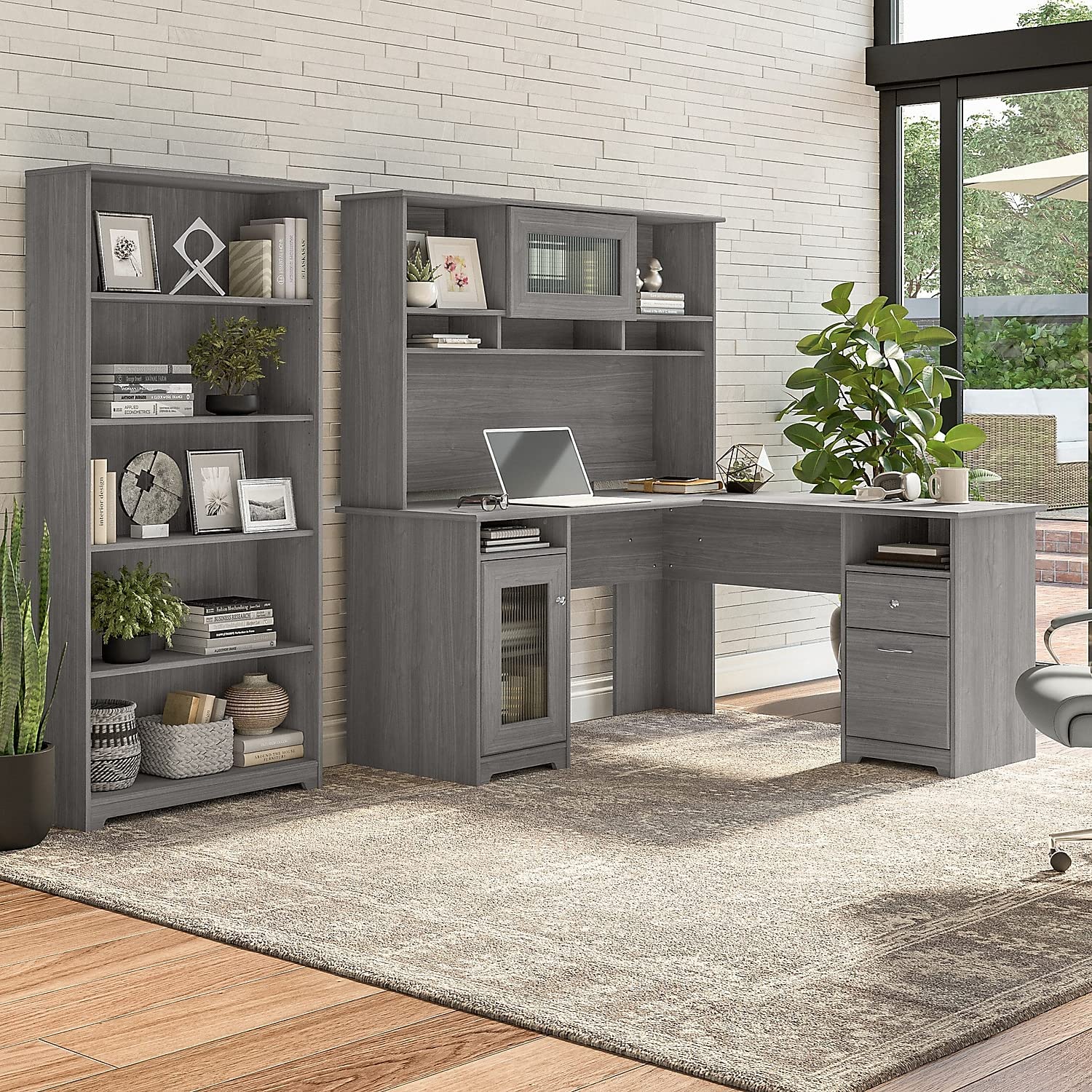 Bush Furniture Cabot 60W L Shaped Computer Desk with Hutch & 5 Shelf Bookcase in Modern Gray - WoodArtSupply