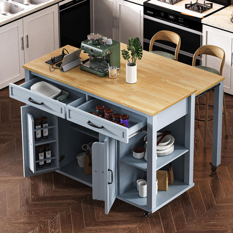 Merax Rolling Kitchen Island on Wheels with Extendable Dining Table & Power Outlet, Wood Kitchen Cart on Wheels with Internal Storage Rack,2 Drawers & 2 Cabinets, 47" Wide Grey Blue Merax