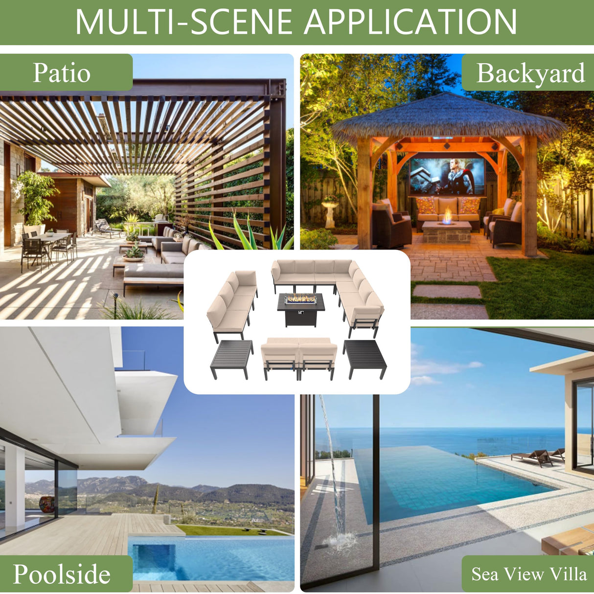 ALAULM 15 Pieces Metal Patio Furniture Set with Propane Fire Pit Table Modern Outdoor Furniture w/55000 BTU Fire Pit Patio Sectional w/5.1'' Sponge Cushions for Patio, Backyard, Poolside-Sand ALAULM