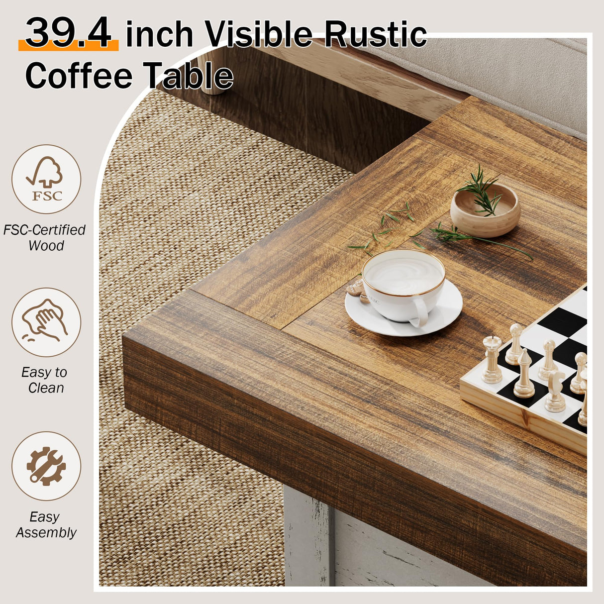 Lareth Coffee Table 39 in Farmhouse Center Table with X-Design Wooden Pedestal for Living Room, Space Saving, Easy Assembly Rectangle Home Office Tea Accent Table for Apartment, Antique White Walnut Lareth