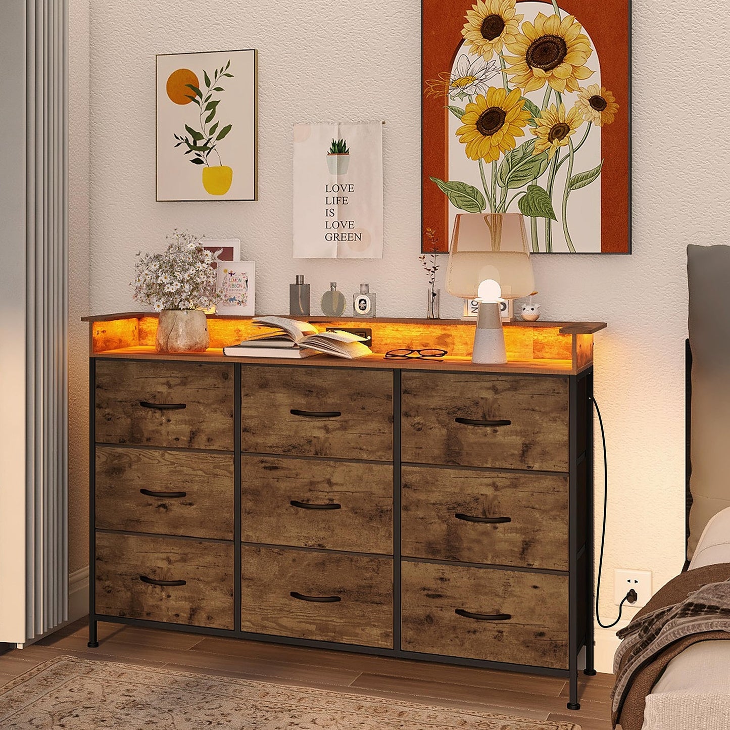 EXOTICA Industrial Dresser for Bedroom with Charging Station and LED Light Fabric Storage Dresser with 9 Fabric Drawers Chest of Drawers for Closet Hallway Sturdy Steel Frame Wooden Top