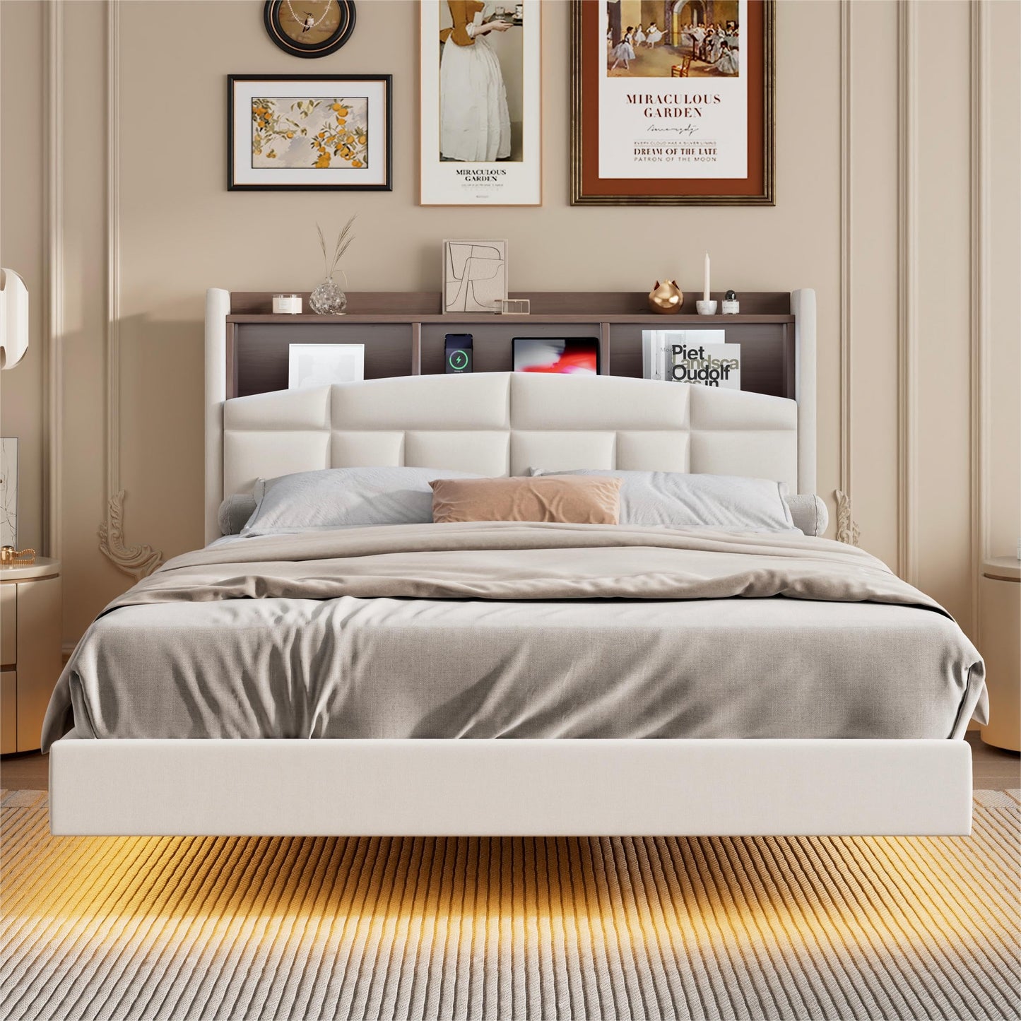 EDWZK Queen Velvet Floating Bed Frame with RGB LED Lights and Charging Station - WoodArtSupply