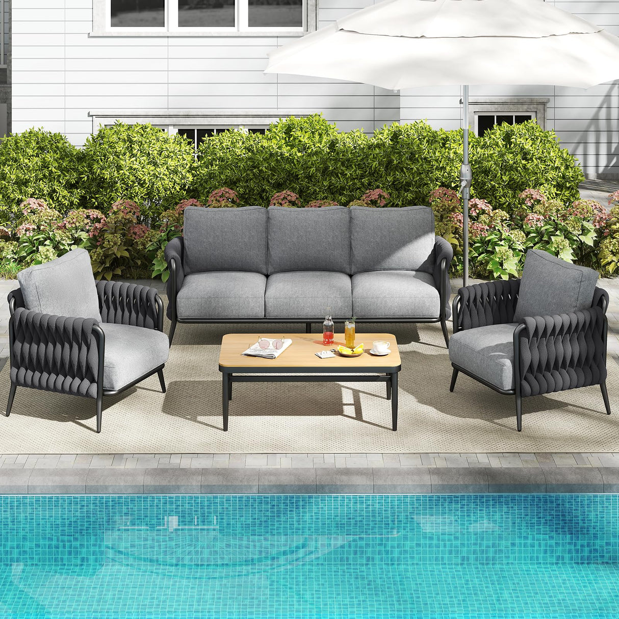 Jocoevol Outdoor Patio Furniture Set 6-Piece, Outdoor 5-Seat Sofa with Coffee Table, Waterproof Thick Cushion Patio Conversation Set, All Weather Outdoor Couch Set for Deck, Lawn, Balcony, Porch Jocoevol