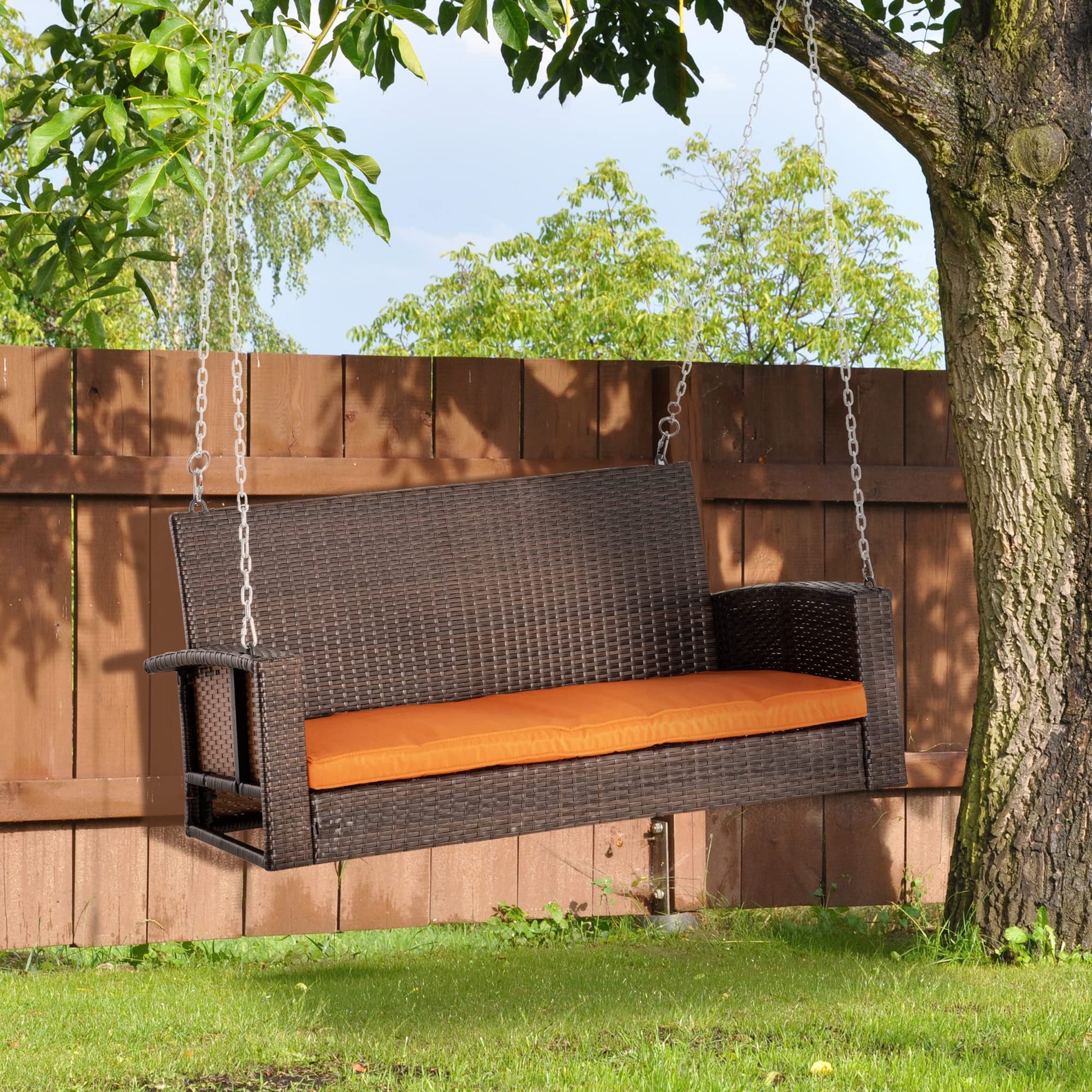 Outsunny 2 Person Wicker Hanging Swing Bench, Front Porch Swing Outdoor Chair with Cushions 550 lbs. Weight Capacity for Backyard, Garden, Orange - WoodArtSupply