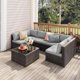 Qsun 7 Pieces Patio Furniture Set, Outdoor Sectional Rattan Sofa Set, Wicker Patio Conversation Set with Cushions and Glass Coffee Table, for Balcony, Porch, Garden, Grey Qsun