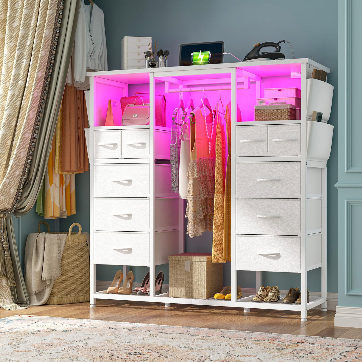 Romorgniz White Dressers for Bedroom with Hanging Rack, 10 Drawers Dresser with LED Lights & Charging Station, Chest of Drawers & Wooden Top, Bedroom, 15.8" D x 47.3" W x 51.2" H Romorgniz