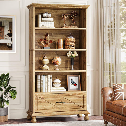 Tribesigns 6-Tier Oak Bookcase with Drawer for Stylish Storage - WoodArtSupply