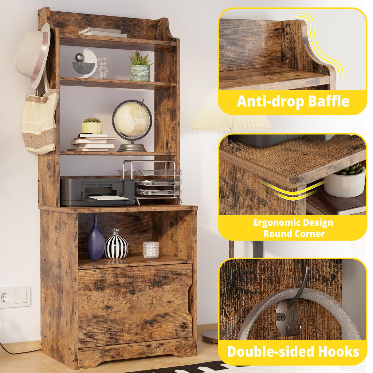 LIKIMIO Nightstand with Charging Station, 55" Tall End Side Table with Storage Cabinet, Small Bookshelf, for Living Room Office Bedroom, Vintage Brown LIKIMIO