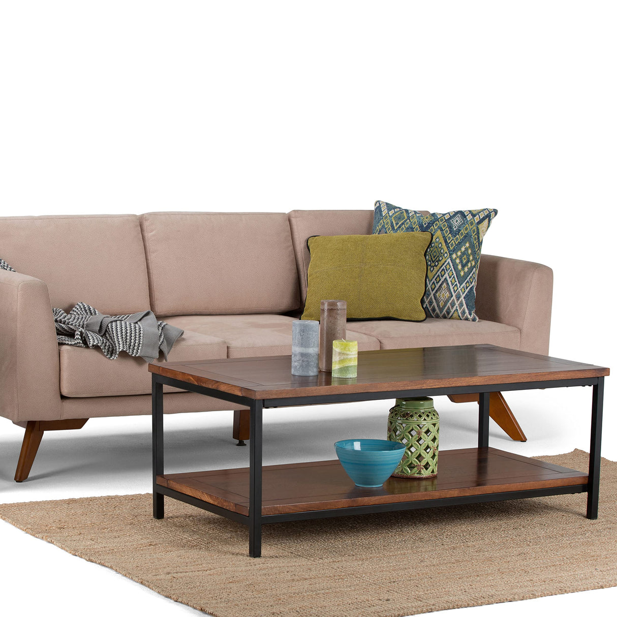 SIMPLIHOME Skyler SOLID MANGO WOOD and Metal 48 inch Wide Rectangle Modern Industrial Coffee Table in Dark Cognac Brown, for the Living Room and Family Room SIMPLIHOME