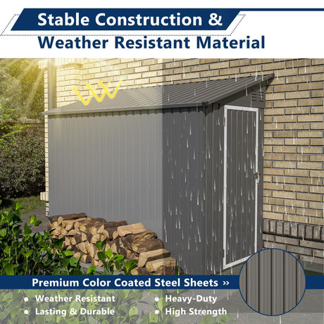 4×8 Ft Outdoor Storage Shed, Metal Lean to Storage Shed for Backyard, Patio, Garden, Gray LZBEITEM