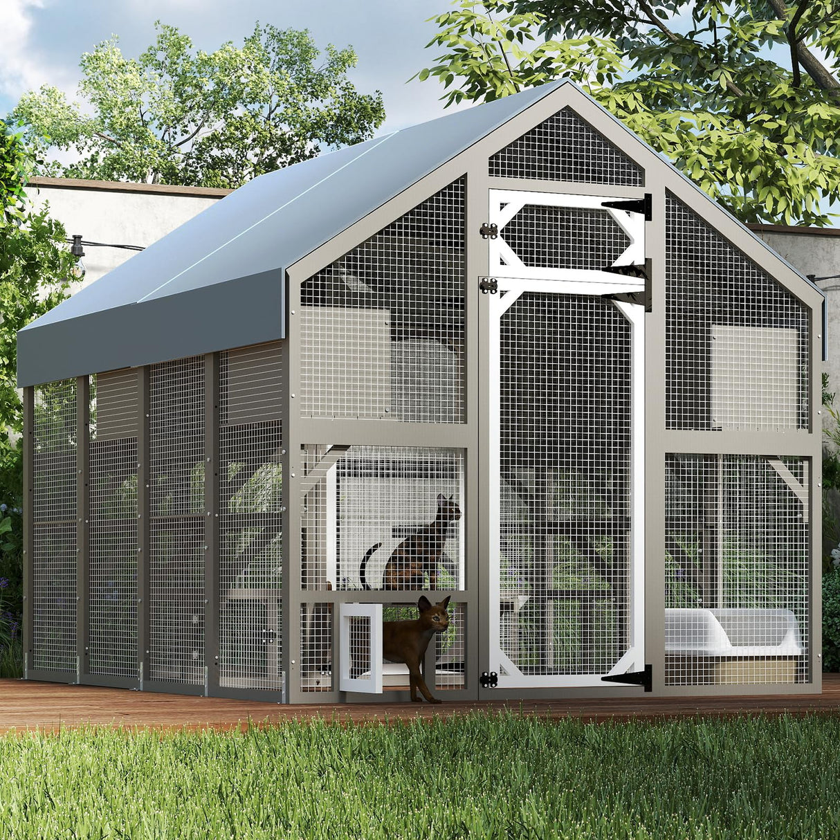 PetsCosset 71" H Catio Outdoor Cat Enclosure for Multiple Cats Large Wooden Walk in Cats House Outside Weatherproof Roof,Attached to House's Window,Cat's Door and Tunnel PetsCosset